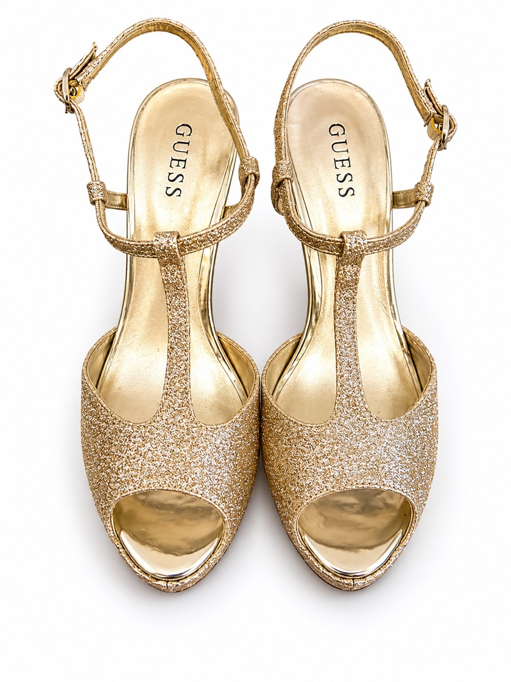 GUESS Gold Glitter T-Strap Peep-Toe Platform Heels - Women Size 10